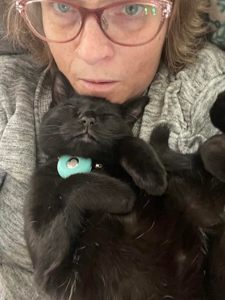 black cat sleeping on a woman wearing pink eyeglasses