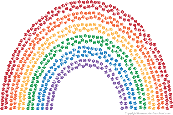 rainbow illustration made up of colored paw prints