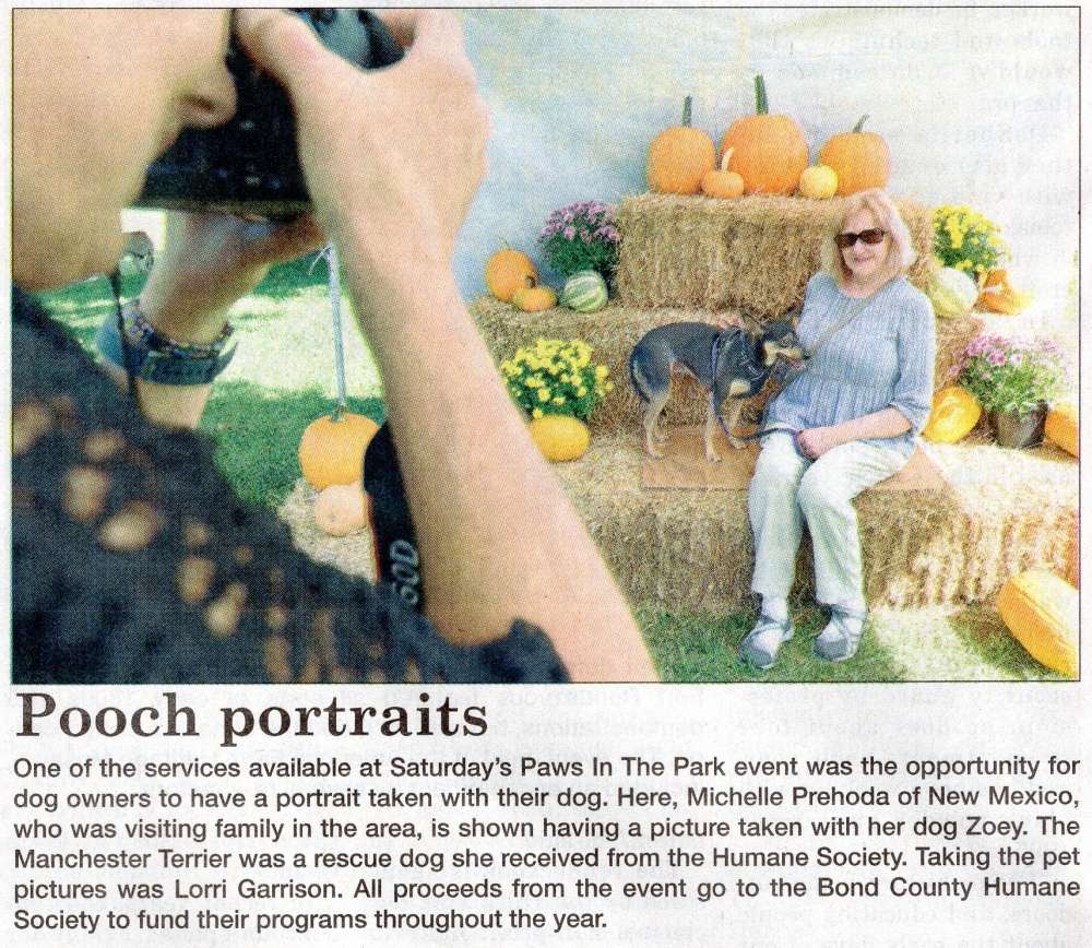 woman with professional still camera equipment points lens at blond woman with brown and tan dog sitting on straw bales surrounded by orange pumpkins and pots of colorful chrysanthemum flowers.