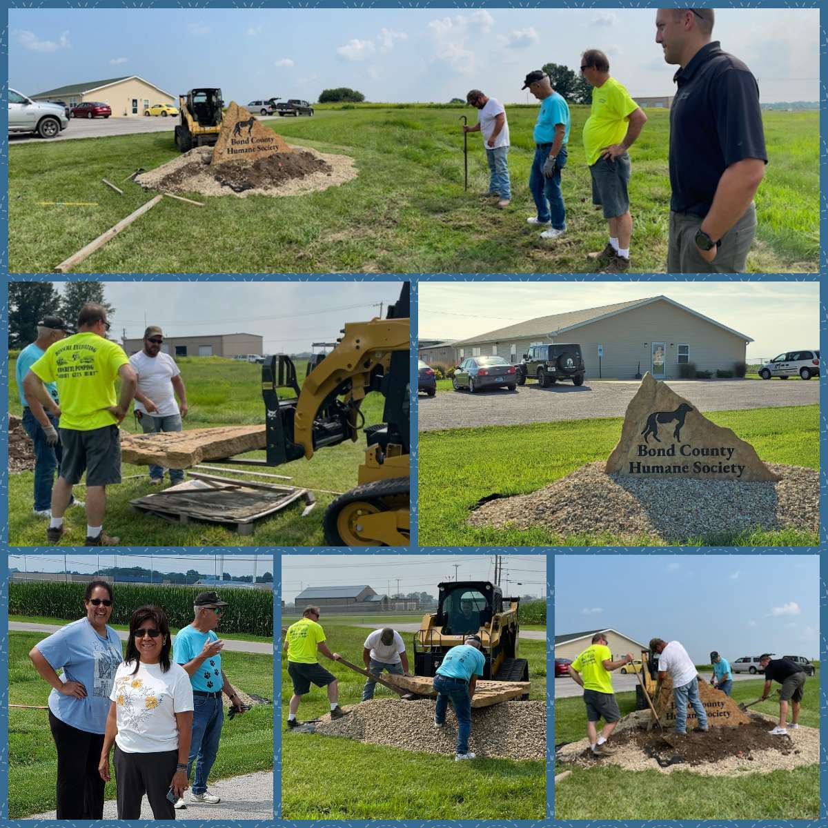 collage of 6 photos storyboarding the installation of a rock sign in the lawn by several men, women, and Skid-Steer Loader