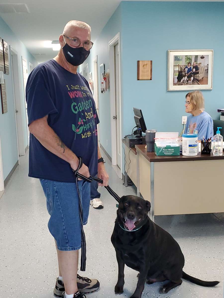 Black Labrador Retriever dog sits pretty while man holds leash and wears a face mask. Office volunteer works in the background at a desk and computer.