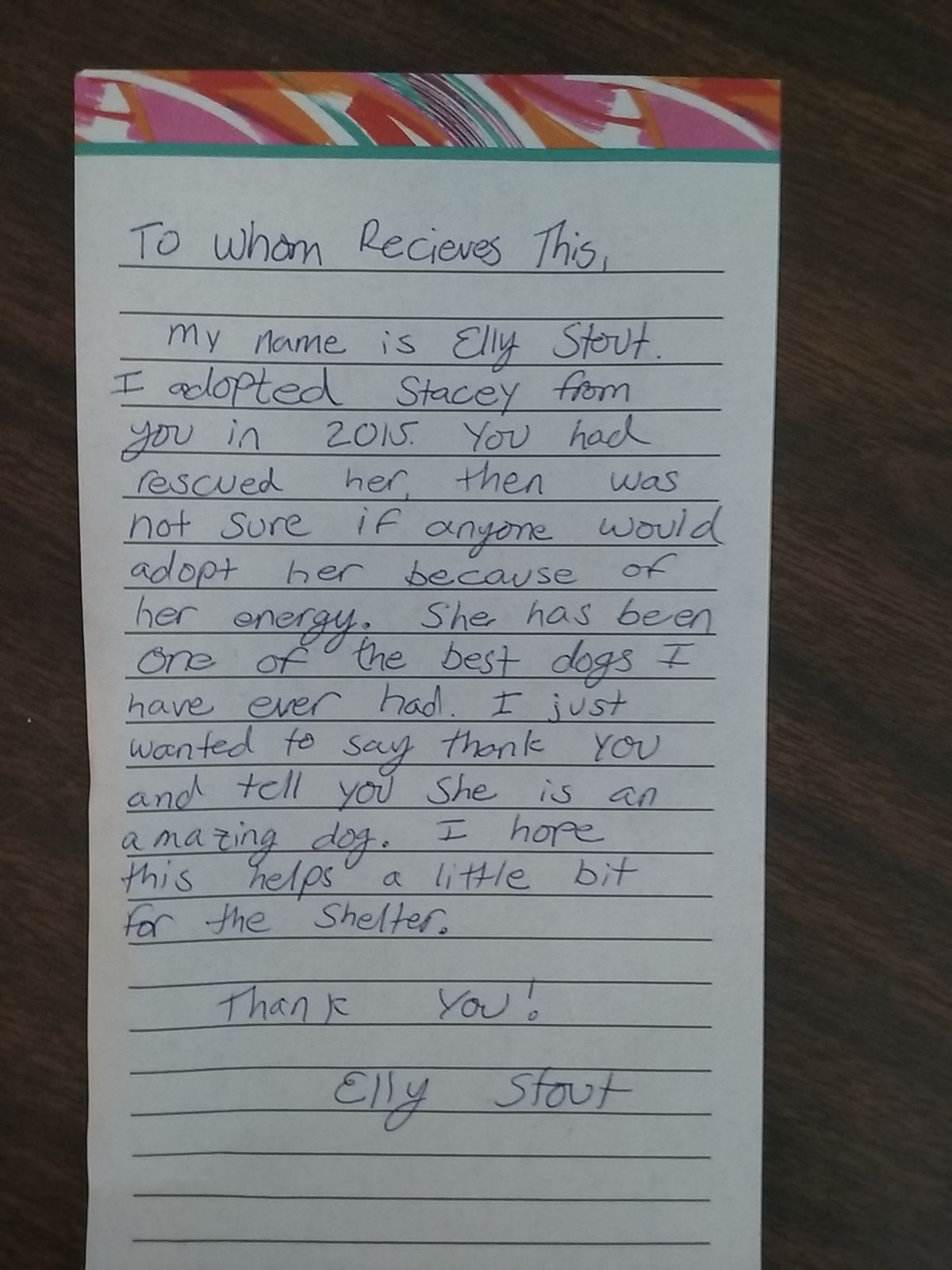 Handwritten note sent by Stacey's mom in Sept 2019
